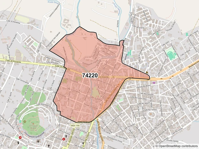 Mapa del código postal 74220, Atlixco, Puebla