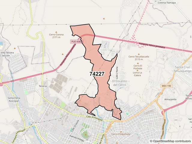Mapa del código postal 74227, Atlixco, Puebla
