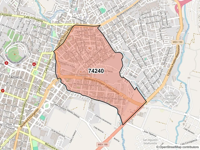 Mapa del código postal 74240, Atlixco, Puebla
