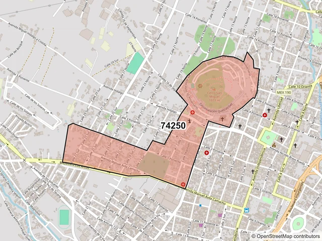 Mapa del código postal 74250, Atlixco, Puebla
