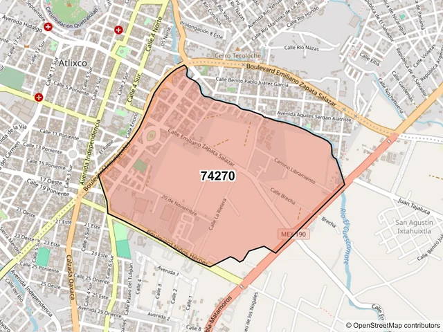 Mapa del código postal 74270, Atlixco, Puebla