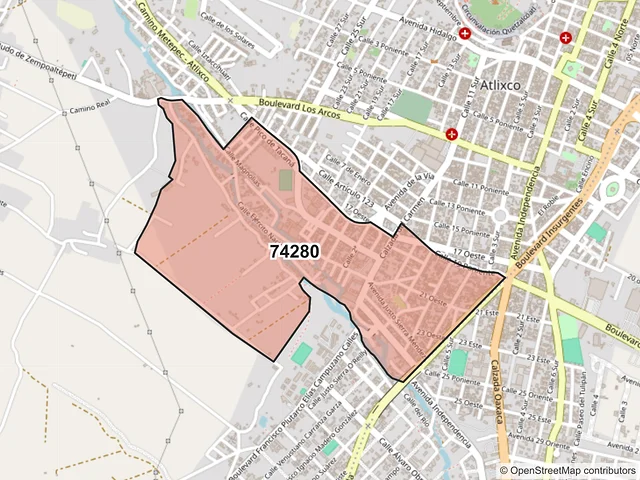 Mapa del código postal 74280, Atlixco, Puebla