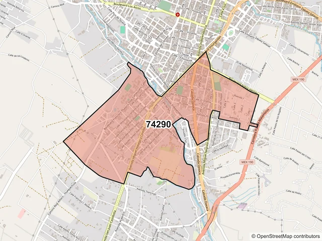 Mapa del código postal 74290, Atlixco, Puebla