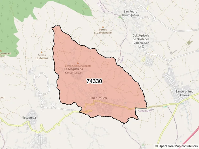 Mapa del código postal 74330, Tochimilco, Puebla