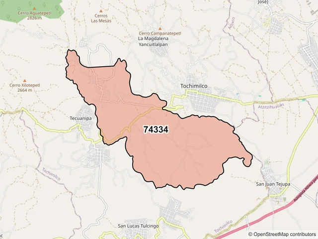 Mapa del código postal 74334, Tochimilco, Puebla