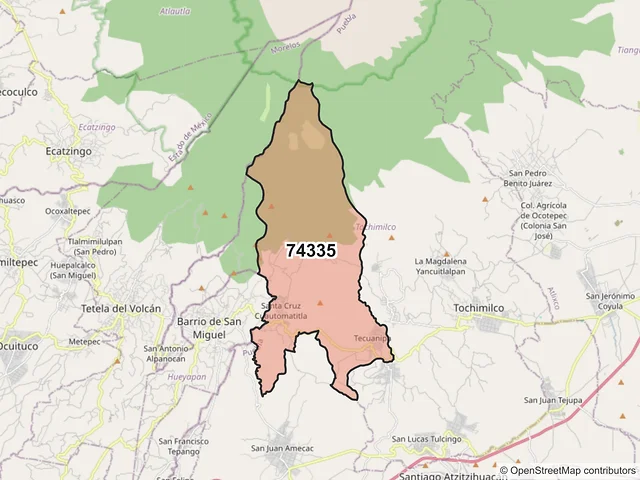 Mapa del código postal 74335, Tochimilco, Puebla