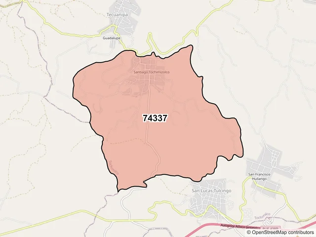 Mapa del código postal 74337, Tochimilco, Puebla
