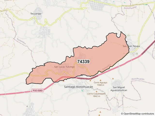 Mapa del código postal 74339, Tochimilco, Puebla