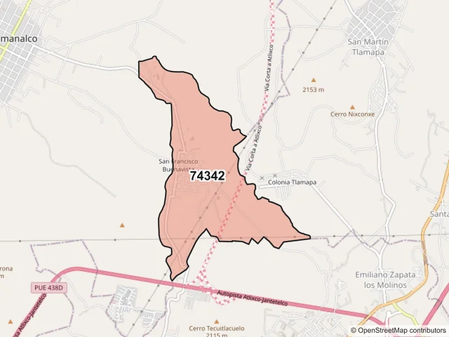 Mapa del código postal 74342, Tianguismanalco, Puebla