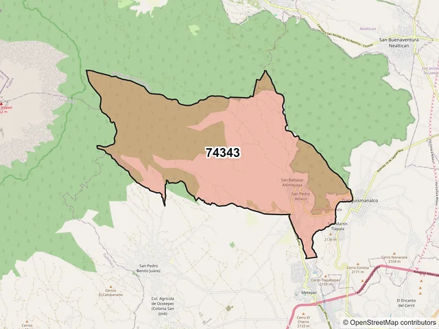 Mapa del código postal 74343, Tianguismanalco, Puebla