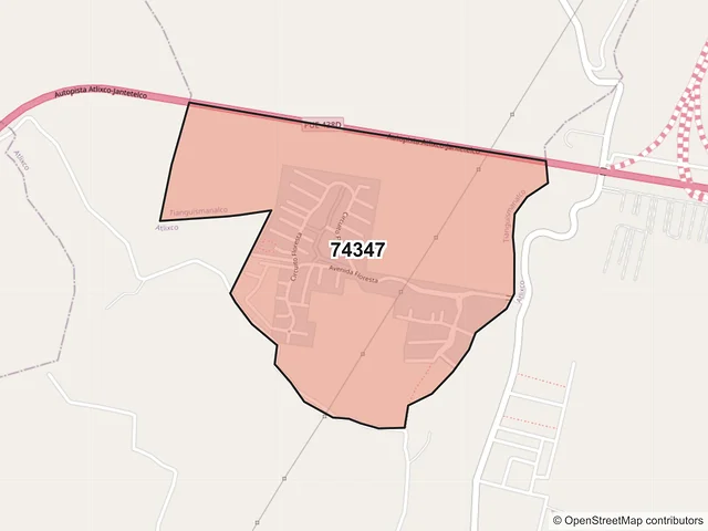 Mapa del código postal 74347, Tianguismanalco, Puebla