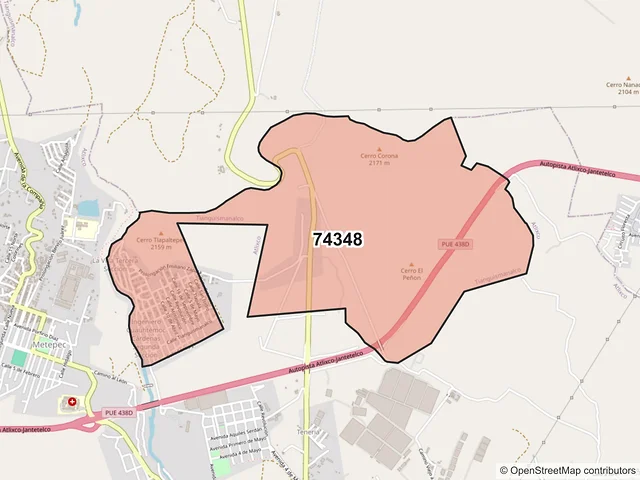 Mapa del código postal 74348, Tianguismanalco, Puebla