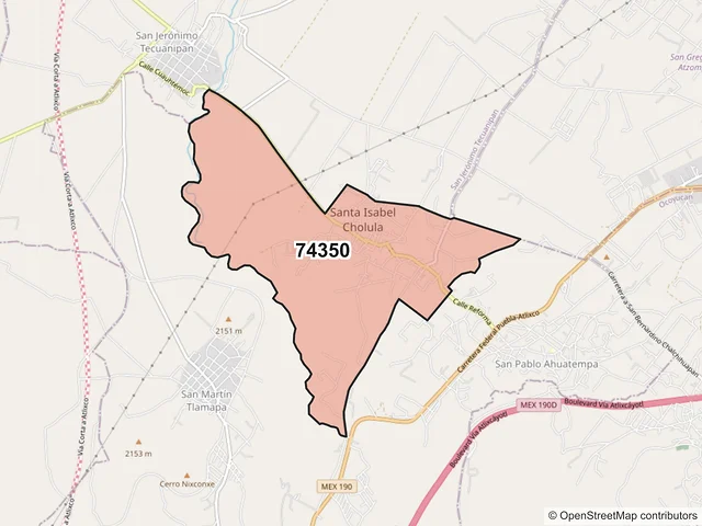 Mapa del código postal 74350, Santa Isabel Cholula, Puebla