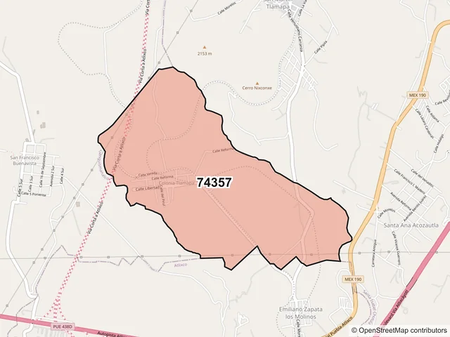 Mapa del código postal 74357, Santa Isabel Cholula, Puebla