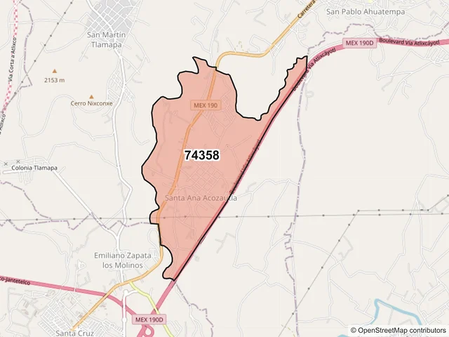 Mapa del código postal 74358, Santa Isabel Cholula, Puebla