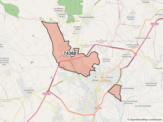 Mapa del código postal 74360, Atlixco, Puebla