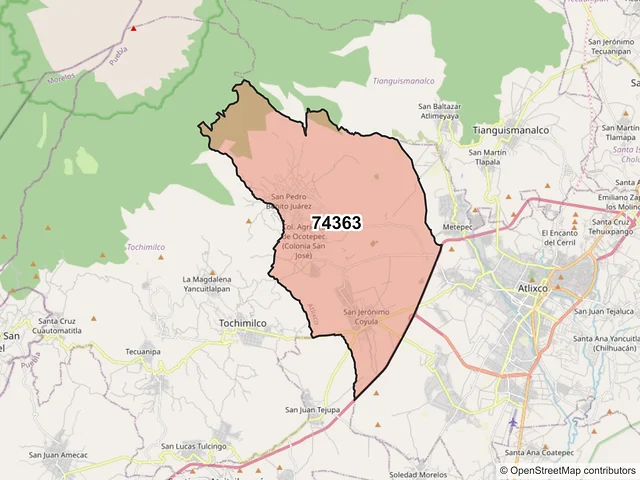 Mapa del código postal 74363, Atlixco, Puebla