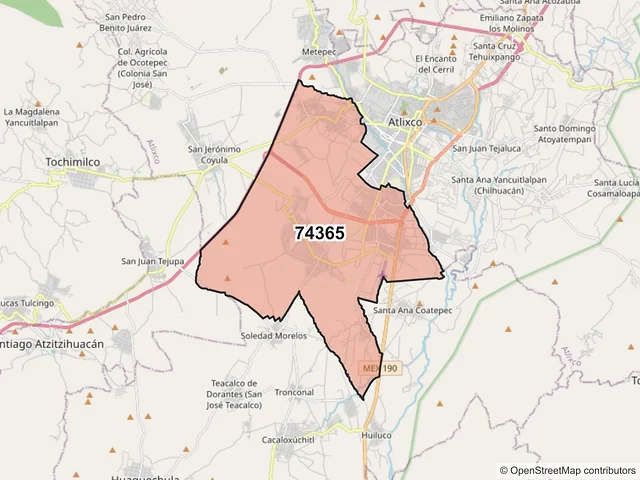 Mapa del código postal 74365, Atlixco, Puebla