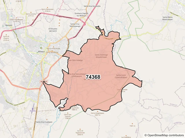 Mapa del código postal 74368, Atlixco, Puebla