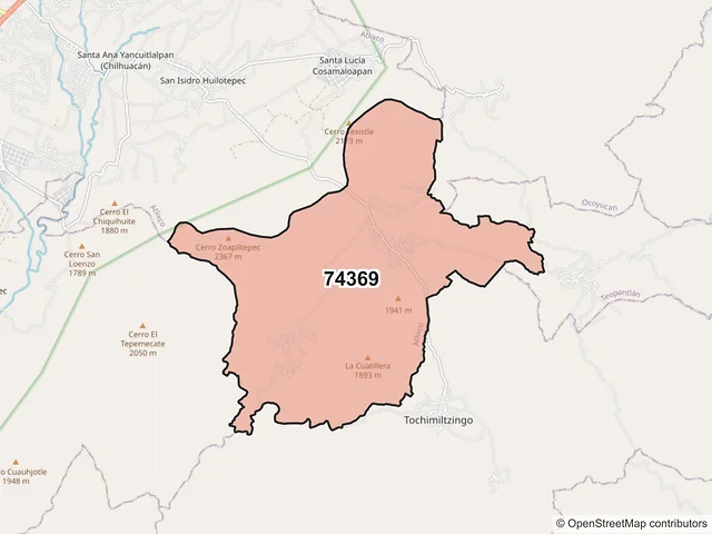 Mapa del código postal 74369, Atlixco, Puebla