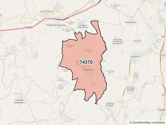 Mapa del código postal 74370, Huaquechula, Puebla
