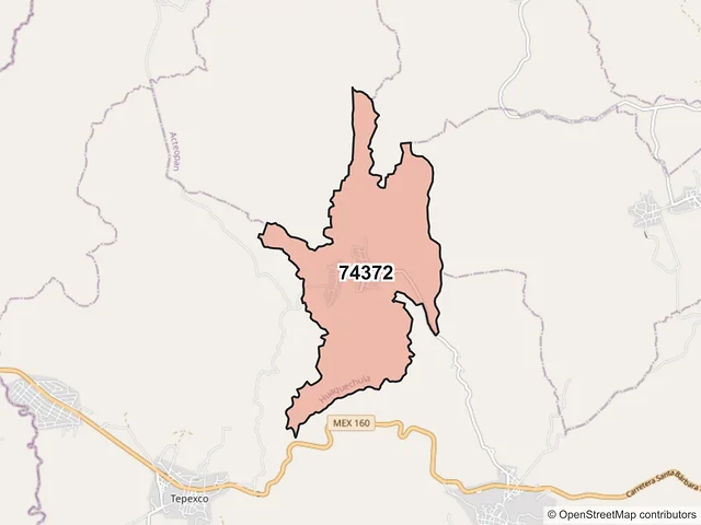 Mapa del código postal 74372, Huaquechula, Puebla