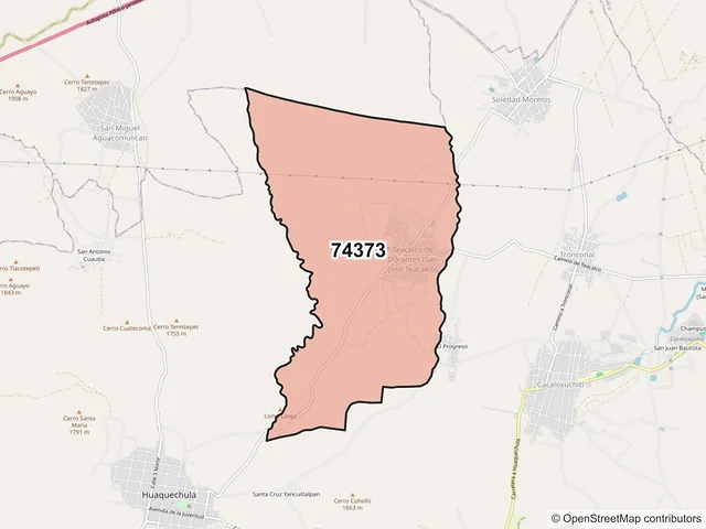 Mapa del código postal 74373, Huaquechula, Puebla