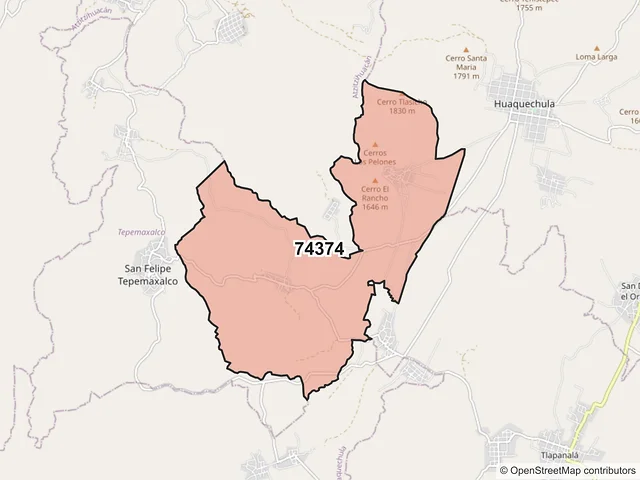 Mapa del código postal 74374, Huaquechula, Puebla