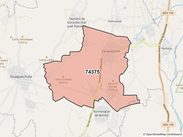 Mapa del código postal 74375, Huaquechula, Puebla