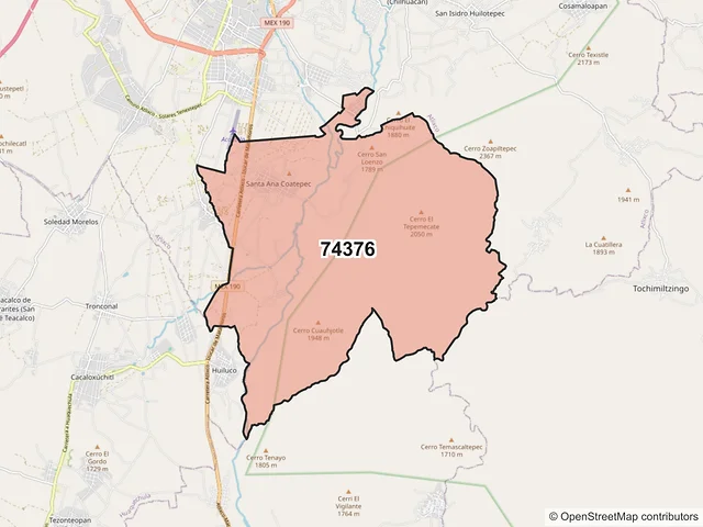 Mapa del código postal 74376, Huaquechula, Puebla