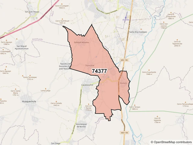 Mapa del código postal 74377, Huaquechula, Puebla