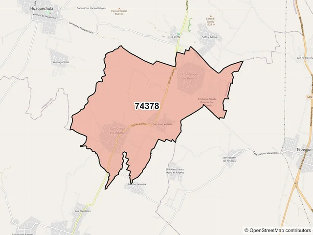 Mapa del código postal 74378, Huaquechula, Puebla