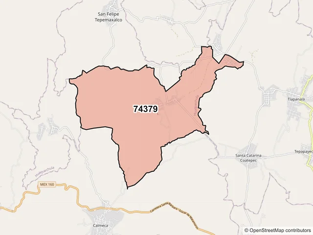 Mapa del código postal 74379, Huaquechula, Puebla