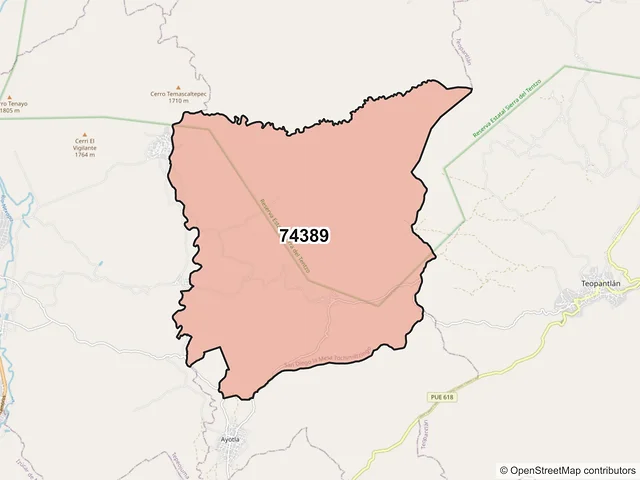 Mapa del código postal 74389, San Diego la Mesa Tochimiltzingo, Puebla
