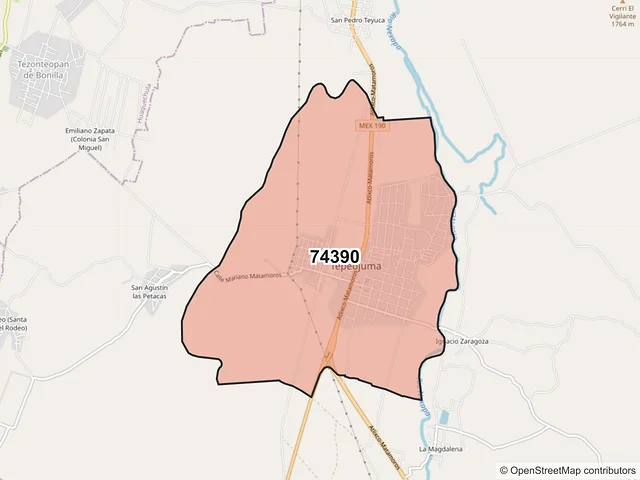 Mapa del código postal 74390, Tepeojuma, Puebla