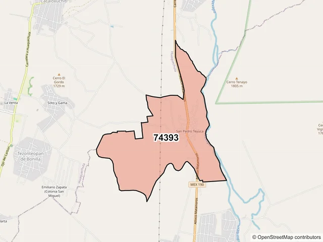 Mapa del código postal 74393, Tepeojuma, Puebla