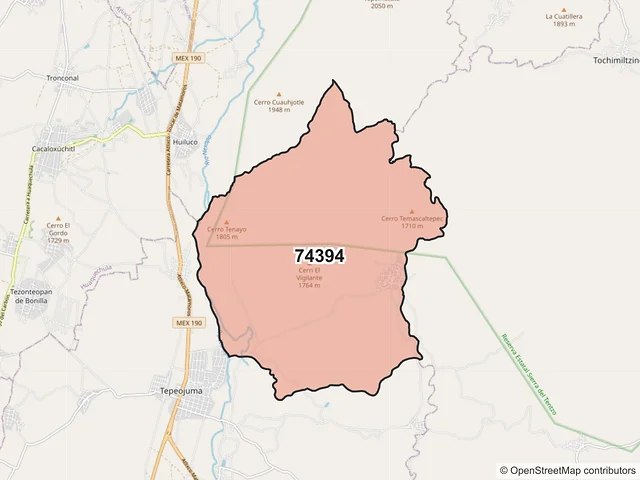 Mapa del código postal 74394, Tepeojuma, Puebla