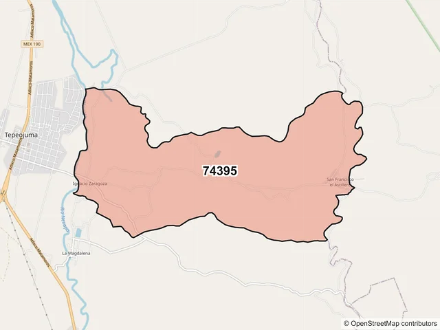 Mapa del código postal 74395, Tepeojuma, Puebla
