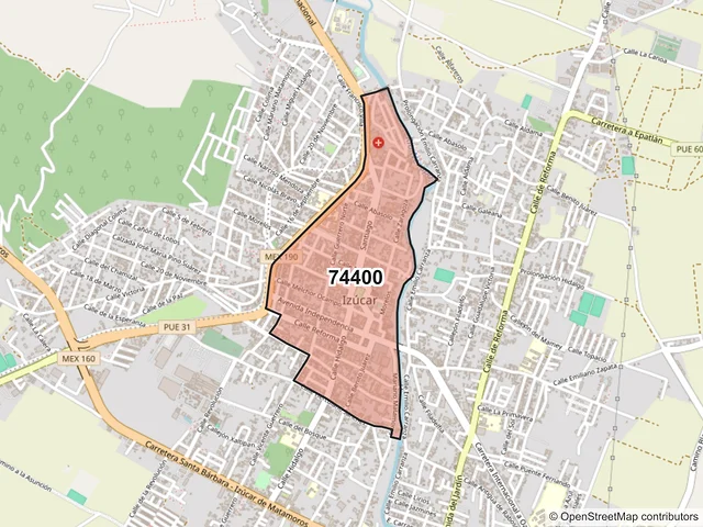 Mapa del código postal 74400, Izúcar de Matamoros, Puebla