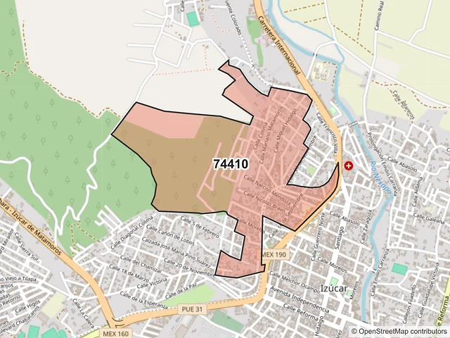 Mapa del código postal 74410, Izúcar de Matamoros, Puebla