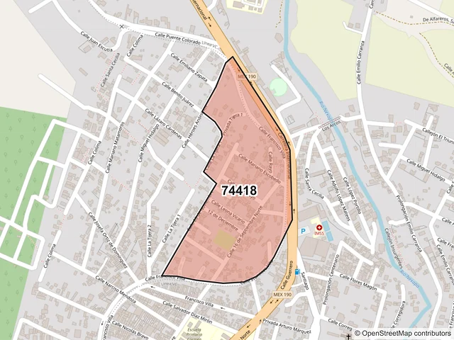 Mapa del código postal 74418, Izúcar de Matamoros, Puebla