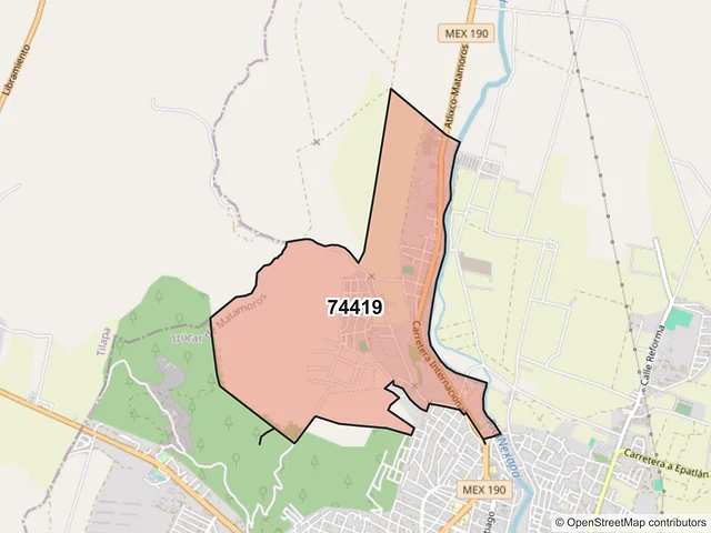 Mapa del código postal 74419, Izúcar de Matamoros, Puebla