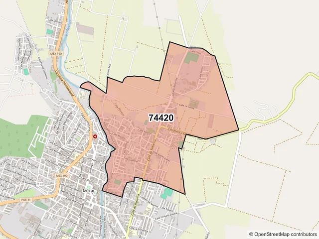 Mapa del código postal 74420, Izúcar de Matamoros, Puebla
