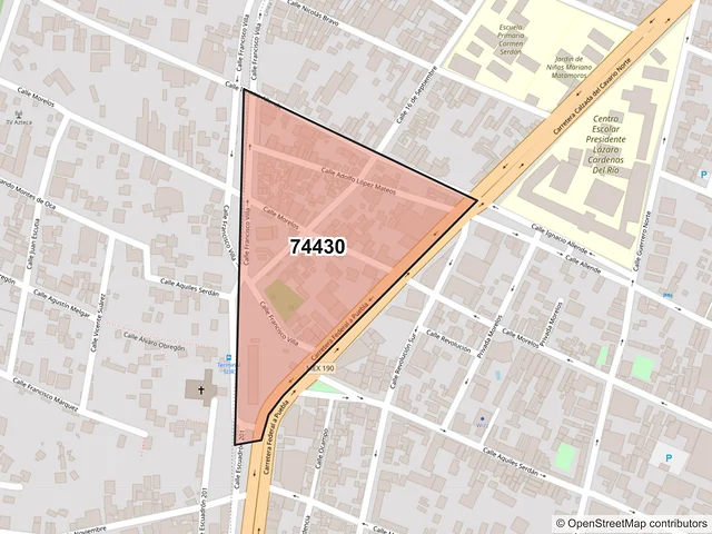 Mapa del código postal 74430, Izúcar de Matamoros, Puebla
