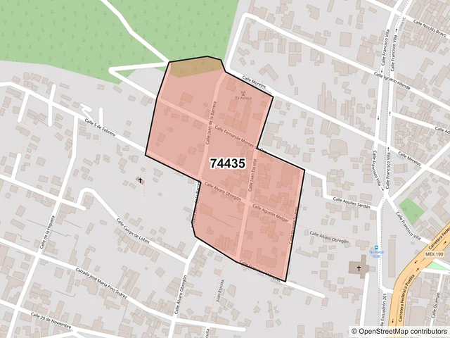 Mapa del código postal 74435, Izúcar de Matamoros, Puebla