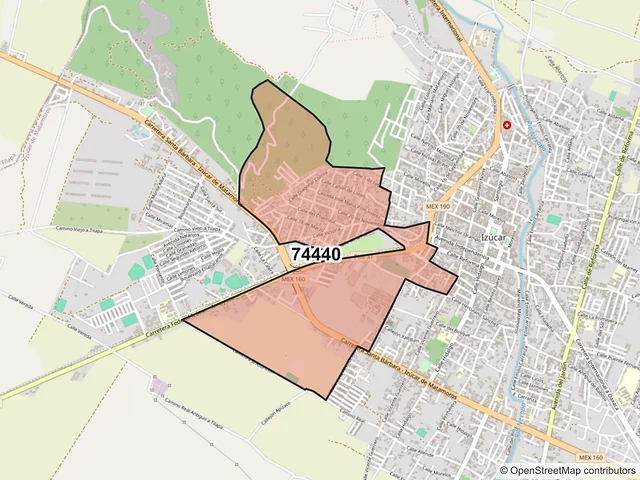 Mapa del código postal 74440, Izúcar de Matamoros, Puebla