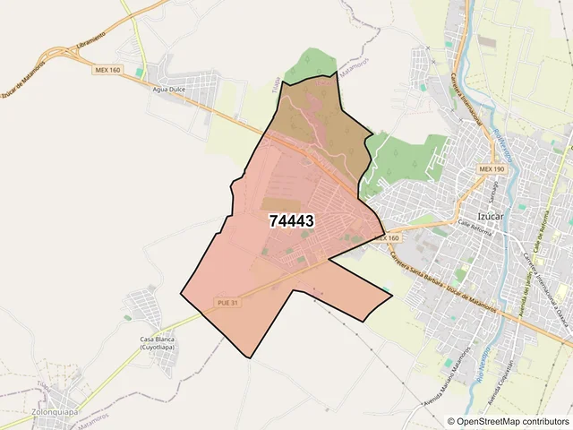 Mapa del código postal 74443, Izúcar de Matamoros, Puebla