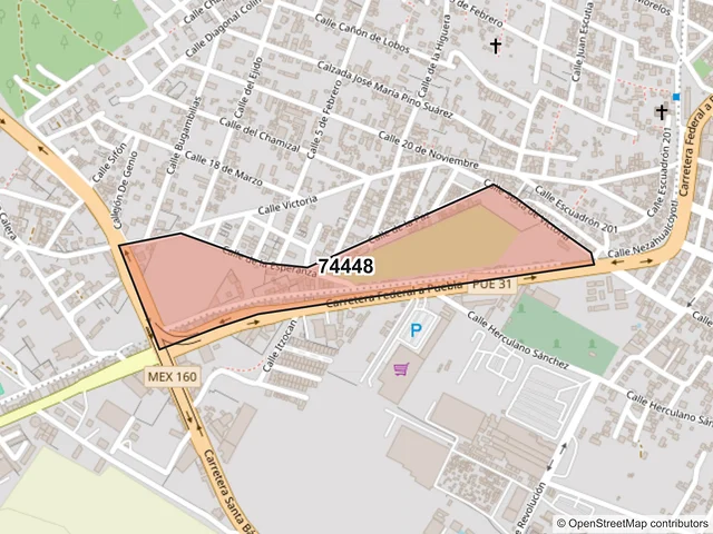 Mapa del código postal 74448, Izúcar de Matamoros, Puebla