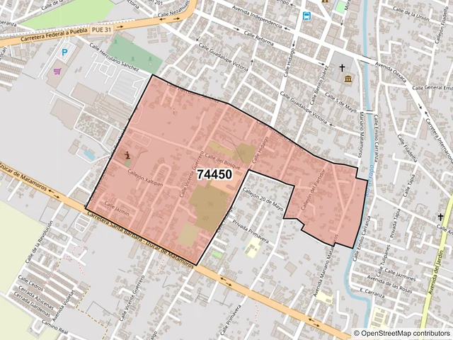 Mapa del código postal 74450, Izúcar de Matamoros, Puebla