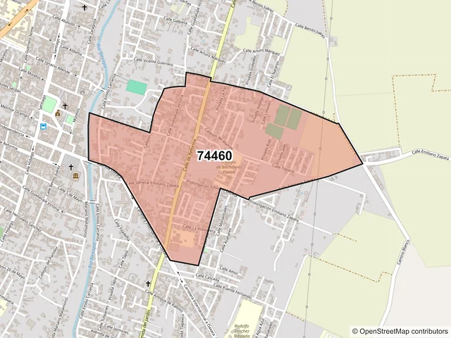 Mapa del código postal 74460, Izúcar de Matamoros, Puebla